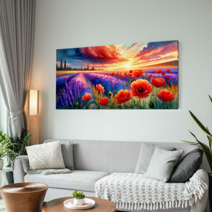 Quadro Botanico Papaveri E Lavanda Al Tramonto bow32 quadro stampato su tela
