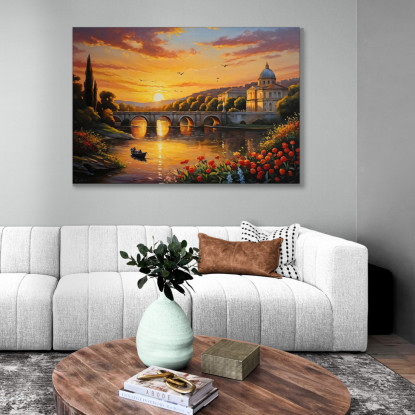 Quadro Moderno Città Astratto Barca Sul Fiume Al Tramonto Con Vista Su Un Ponte A Roma ct4 quadro stampato su tela