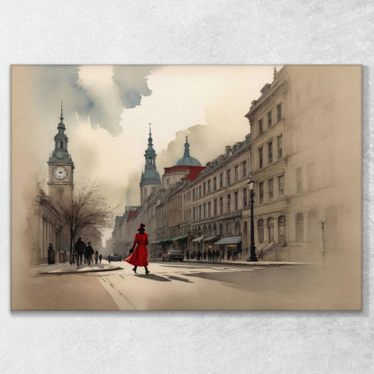 Quadro Moderno Città Astratto Donna In Cappotto Rosso Esplora Una Città Storica ct7 quadro stampato su tela