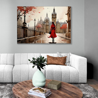 Quadro Moderno Città Astratto Donna In Cappotto Rosso In Una Città Autunnale ct8 quadro stampato su tela