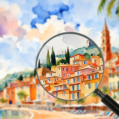 Quadro Moderno Città Astratto Scorcio Pittoresco Della Città Di Mentone Con Barca A Vela ct24 quadro stampato su tela