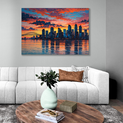 Quadro Moderno Città Astratto Skyline Astratto Al Tramonto Con Grattacieli E Ponte ct25 quadro stampato su tela
