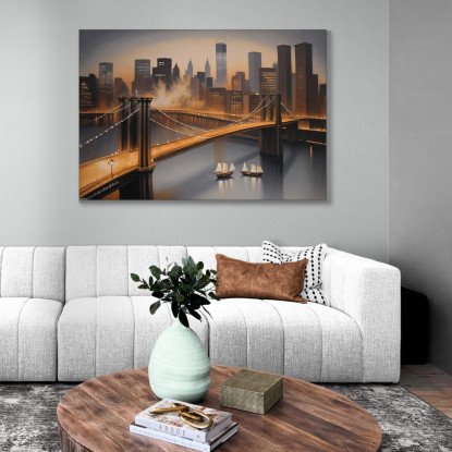Quadro Moderno Città Astratto Skyline Di New York E Ponte Di Brooklyn Illuminato Al Tramonto ct27 quadro stampato su tela