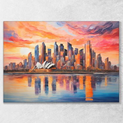 Quadro Moderno Città Astratto Vista Astratta Di Sydney Al Tramonto Con Teatro Dell'Opera E Skyline ct34 quadro stampato su tela