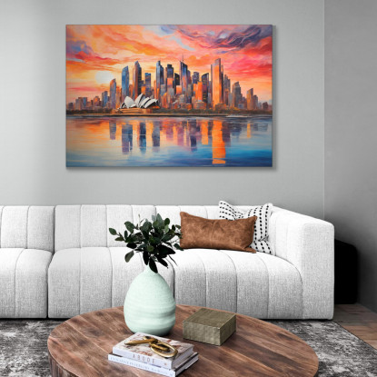 Quadro Moderno Città Astratto Vista Astratta Di Sydney Al Tramonto Con Teatro Dell'Opera E Skyline ct34 quadro stampato su tela