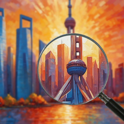 Quadro Moderno Città Astratto Splendida Vista Del Tramonto Su Shanghai ct39 quadro stampato su tela