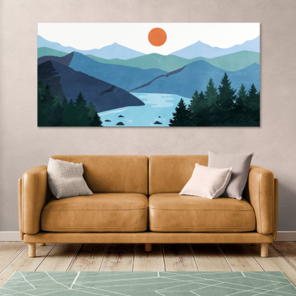 Quadro Boho Chic Illustrazione Paesaggio Montagne Blu Con Lago E Sole Al Tramonto bol2 quadro stampato su tela