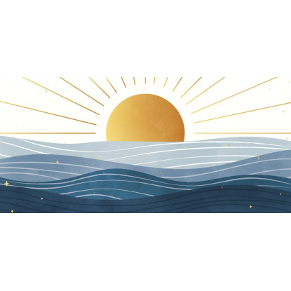 Quadro Boho Chic Illustrazione Paesaggio Alba Sul Mare Con Sole Dorato E Onde Blu bol6 quadro stampato su tela