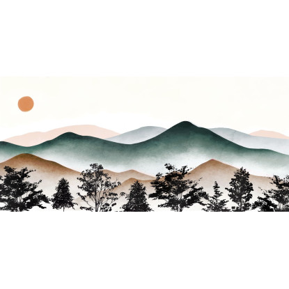 Quadro Boho Chic Illustrazione Paesaggio Montagne Nebbiose Con Sole Al Tramonto bol7 quadro stampato su tela