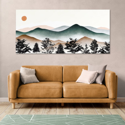 Quadro Boho Chic Illustrazione Paesaggio Montagne Nebbiose Con Sole Al Tramonto bol7 quadro stampato su tela