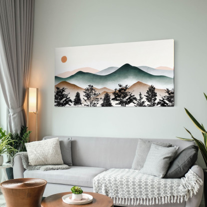 Quadro Boho Chic Illustrazione Paesaggio Montagne Nebbiose Con Sole Al Tramonto bol7 quadro stampato su tela