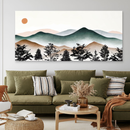 Quadro Boho Chic Illustrazione Paesaggio Montagne Nebbiose Con Sole Al Tramonto bol7 quadro stampato su tela
