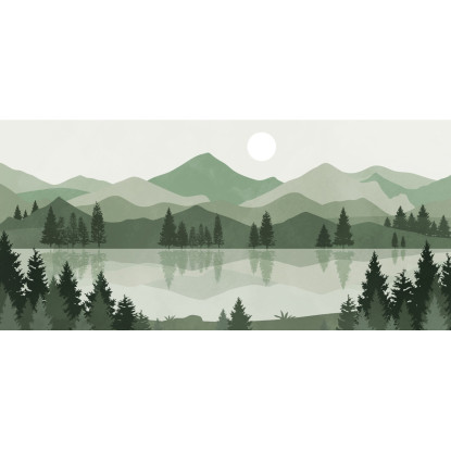 Quadro Boho Chic Illustrazione Paesaggio Lago Tra Le Montagne Verdi Al Tramonto bol9 quadro stampato su tela