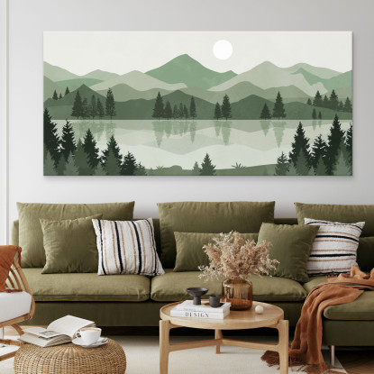 Quadro Boho Chic Illustrazione Paesaggio Lago Tra Le Montagne Verdi Al Tramonto bol9 quadro stampato su tela