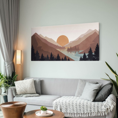 Quadro Boho Chic Illustrazione Paesaggio Tramonto Sulle Montagne Con Riflessi Sul Lago bol10 quadro stampato su tela