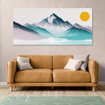 Quadro Boho Chic Illustrazione Paesaggio Montagna Innevata Con Sole Giallo bol11 quadro stampato su tela