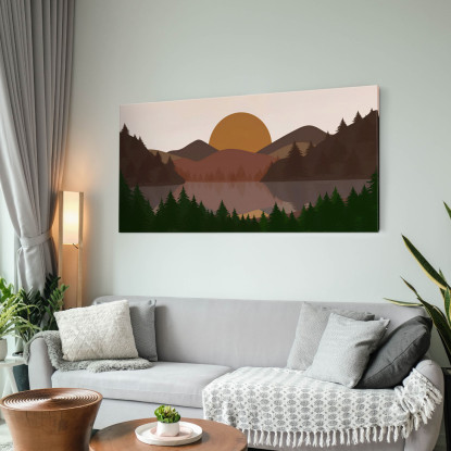 Quadro Boho Chic Illustrazione Paesaggio Collina Al Tramonto Con Alberi E Lago bol13 quadro stampato su tela