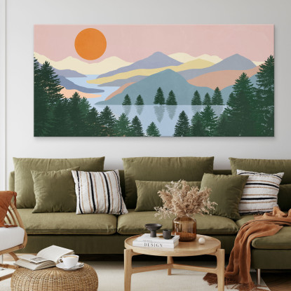 Quadro Boho Chic Illustrazione Paesaggio Alba Sul Lago Con Pini E Montagne bol21 quadro stampato su tela
