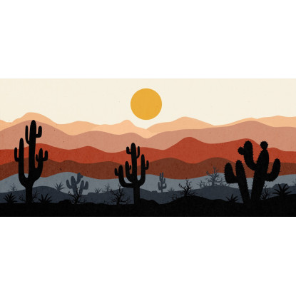 Quadro Boho Chic Illustrazione Paesaggio Cactus Con Montagne E Sole bol22 quadro stampato su tela