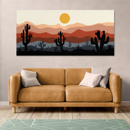 Quadro Boho Chic Illustrazione Paesaggio Cactus Con Montagne E Sole bol22 quadro stampato su tela
