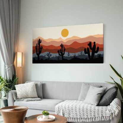 Quadro Boho Chic Illustrazione Paesaggio Cactus Con Montagne E Sole bol22 quadro stampato su tela