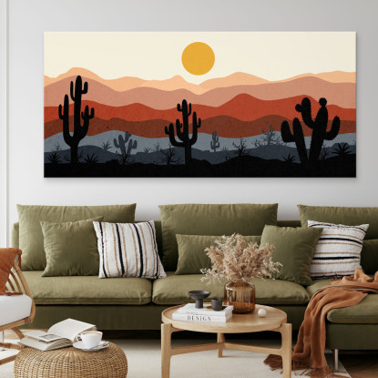 Quadro Boho Chic Illustrazione Paesaggio Cactus Con Montagne E Sole bol22 quadro stampato su tela