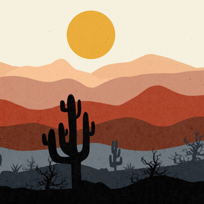 Quadro Boho Chic Illustrazione Paesaggio Cactus Con Montagne E Sole bol22 quadro stampato su tela