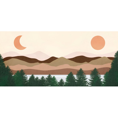 Quadro Boho Chic Illustrazione Paesaggio Lago Con Pini Montagne Sole E Luna bol24 quadro stampato su tela