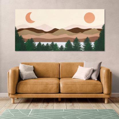 Quadro Boho Chic Illustrazione Paesaggio Lago Con Pini Montagne Sole E Luna bol24 quadro stampato su tela