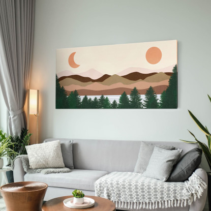 Quadro Boho Chic Illustrazione Paesaggio Lago Con Pini Montagne Sole E Luna bol24 quadro stampato su tela