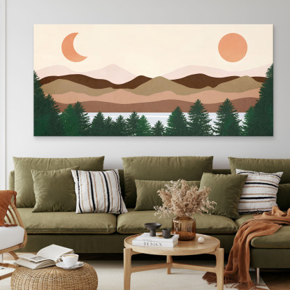 Quadro Boho Chic Illustrazione Paesaggio Lago Con Pini Montagne Sole E Luna bol24 quadro stampato su tela
