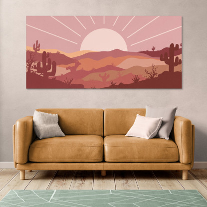 Quadro Boho Chic Illustrazione Paesaggio Montagne Desertiche Con Sole E Raggi bol25 quadro stampato su tela
