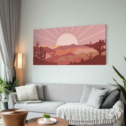 Quadro Boho Chic Illustrazione Paesaggio Montagne Desertiche Con Sole E Raggi bol25 quadro stampato su tela