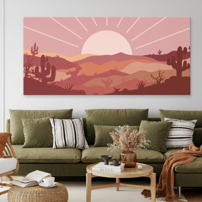 Quadro Boho Chic Illustrazione Paesaggio Montagne Desertiche Con Sole E Raggi bol25 quadro stampato su tela