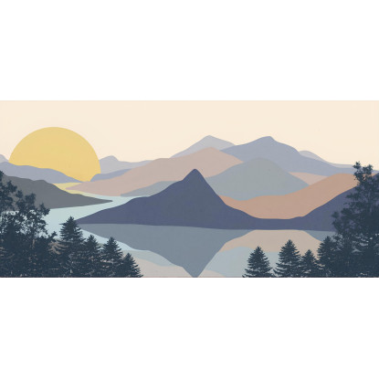 Quadro Boho Chic Illustrazione Paesaggio Montagne Sul Lago Con Pineta Verde bol26 quadro stampato su tela