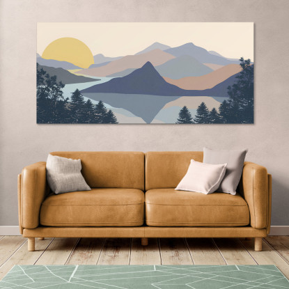 Quadro Boho Chic Illustrazione Paesaggio Montagne Sul Lago Con Pineta Verde bol26 quadro stampato su tela
