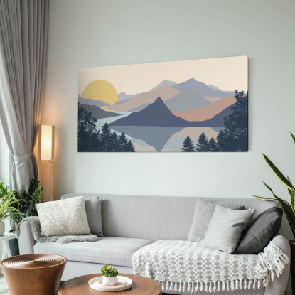 Quadro Boho Chic Illustrazione Paesaggio Montagne Sul Lago Con Pineta Verde bol26 quadro stampato su tela