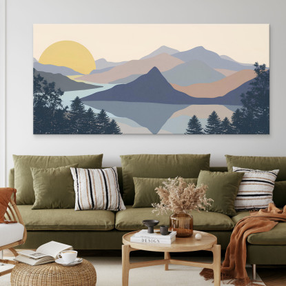 Quadro Boho Chic Illustrazione Paesaggio Montagne Sul Lago Con Pineta Verde bol26 quadro stampato su tela