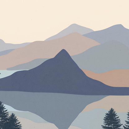 Quadro Boho Chic Illustrazione Paesaggio Montagne Sul Lago Con Pineta Verde bol26 quadro stampato su tela