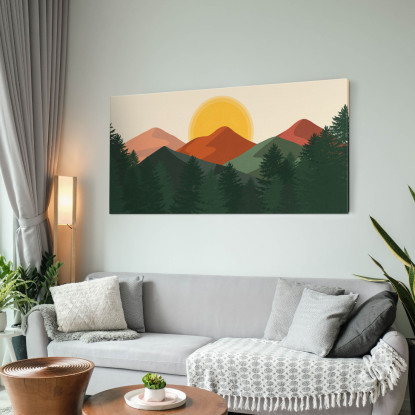 Quadro Boho Chic Illustrazione Paesaggio Montagne Arancioni Con Colline E Pini Verdi bol27 quadro stampato su tela