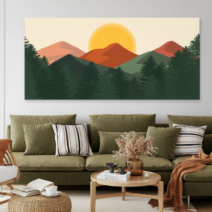 Quadro Boho Chic Illustrazione Paesaggio Montagne Arancioni Con Colline E Pini Verdi bol27 quadro stampato su tela