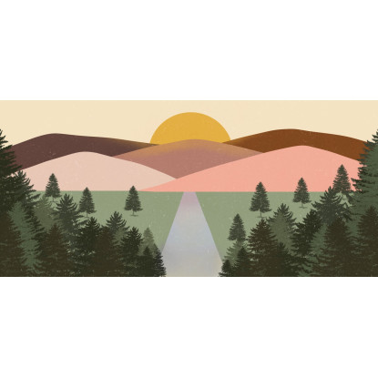 Quadro Boho Chic Illustrazione Paesaggio Paesaggio Montuoso Colorato Con Foresta E Tramonto bol28 quadro stampato su tela