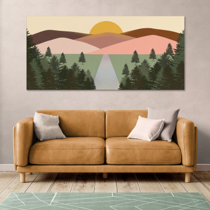 Quadro Boho Chic Illustrazione Paesaggio Paesaggio Montuoso Colorato Con Foresta E Tramonto bol28 quadro stampato su tela