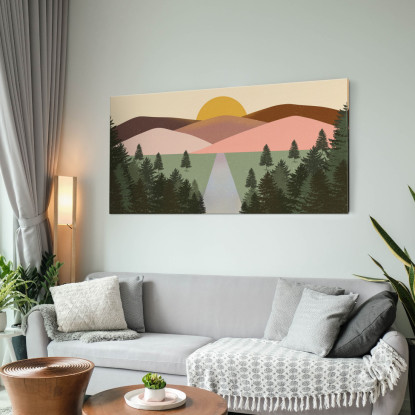 Quadro Boho Chic Illustrazione Paesaggio Paesaggio Montuoso Colorato Con Foresta E Tramonto bol28 quadro stampato su tela