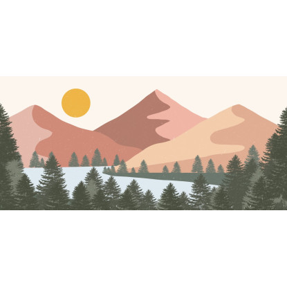 Quadro Boho Chic Illustrazione Paesaggio Paesaggio Montuoso Colorato Con Sole E Foresta Moderna bol29 quadro stampato su tela