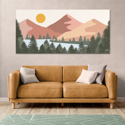 Quadro Boho Chic Illustrazione Paesaggio Paesaggio Montuoso Colorato Con Sole E Foresta Moderna bol29 quadro stampato su tela