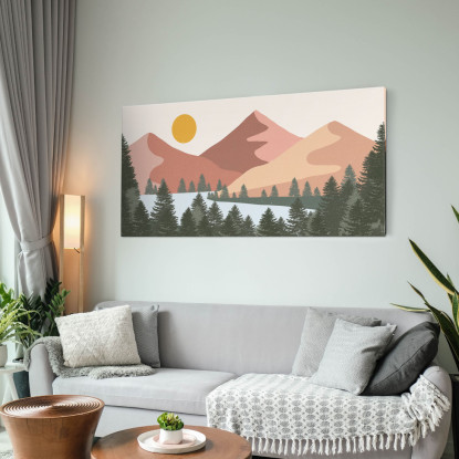Quadro Boho Chic Illustrazione Paesaggio Paesaggio Montuoso Colorato Con Sole E Foresta Moderna bol29 quadro stampato su tela