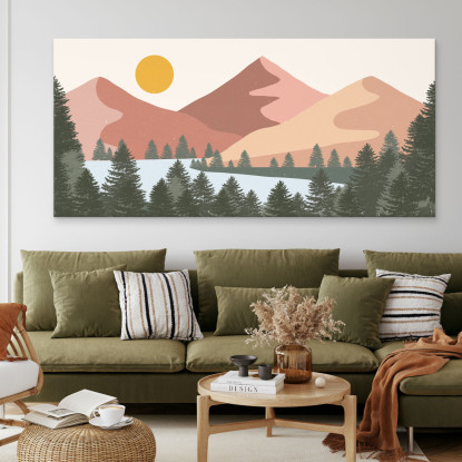 Quadro Boho Chic Illustrazione Paesaggio Paesaggio Montuoso Colorato Con Sole E Foresta Moderna bol29 quadro stampato su tela