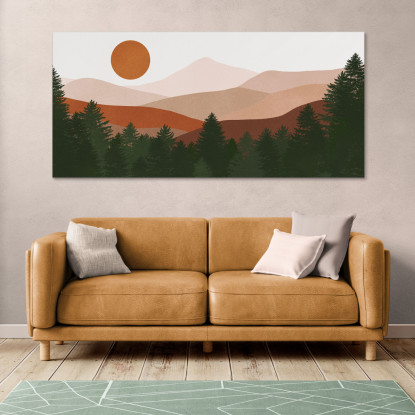 Quadro Boho Chic Illustrazione Paesaggio Paesaggio Montuoso Con Sole E Foresta bol30 quadro stampato su tela