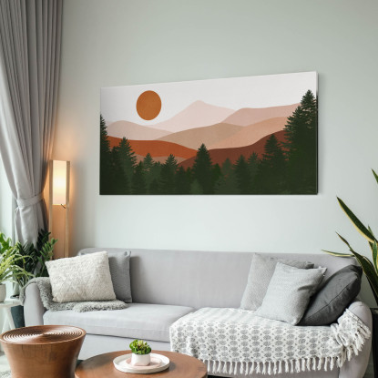 Quadro Boho Chic Illustrazione Paesaggio Paesaggio Montuoso Con Sole E Foresta bol30 quadro stampato su tela